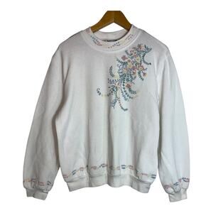 Vintage 80s Teddi Granny Cottage Core Sweatshirt Rhinestone Accents Floral LG